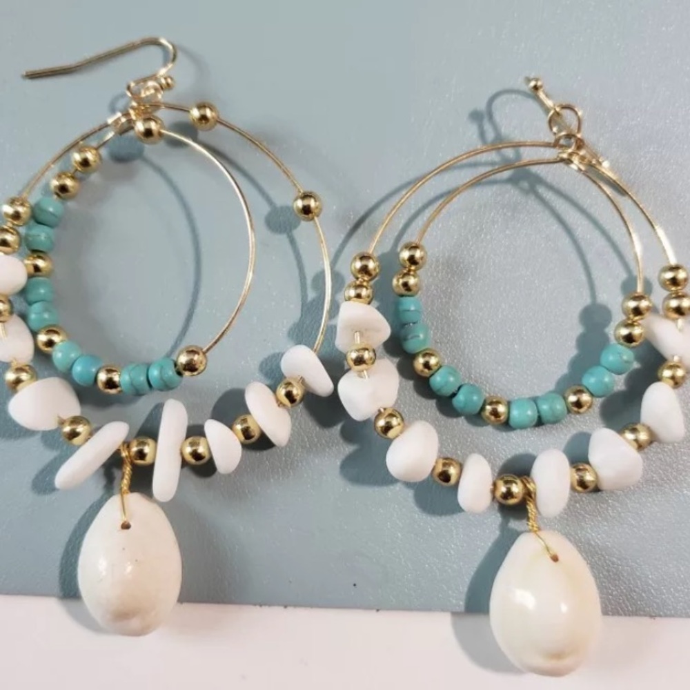 SOLD OUT Turquoise Stone Beaded Cowrie Shell Hoop Earrings - Picture 4 of 4